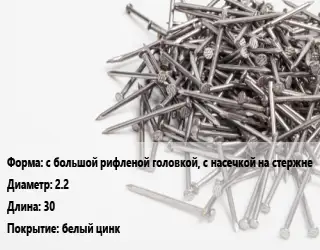 Гвоздь с большой рифленой головкой, с насечкой на стержне 2.2х30 белый цинк